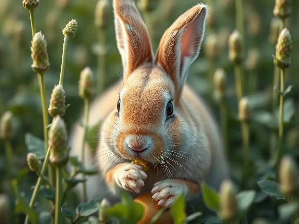 Ilustración realista de conejo doméstico con comida, detallada y sin texto