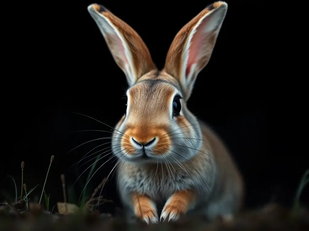 Fotorealista retrato de conejo europeo, mirando a un campo oscuro
