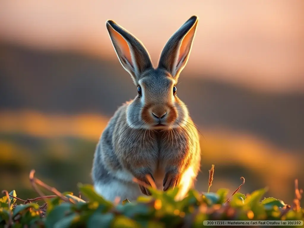 Retrato realista de conejo científico con luz de sol dorada