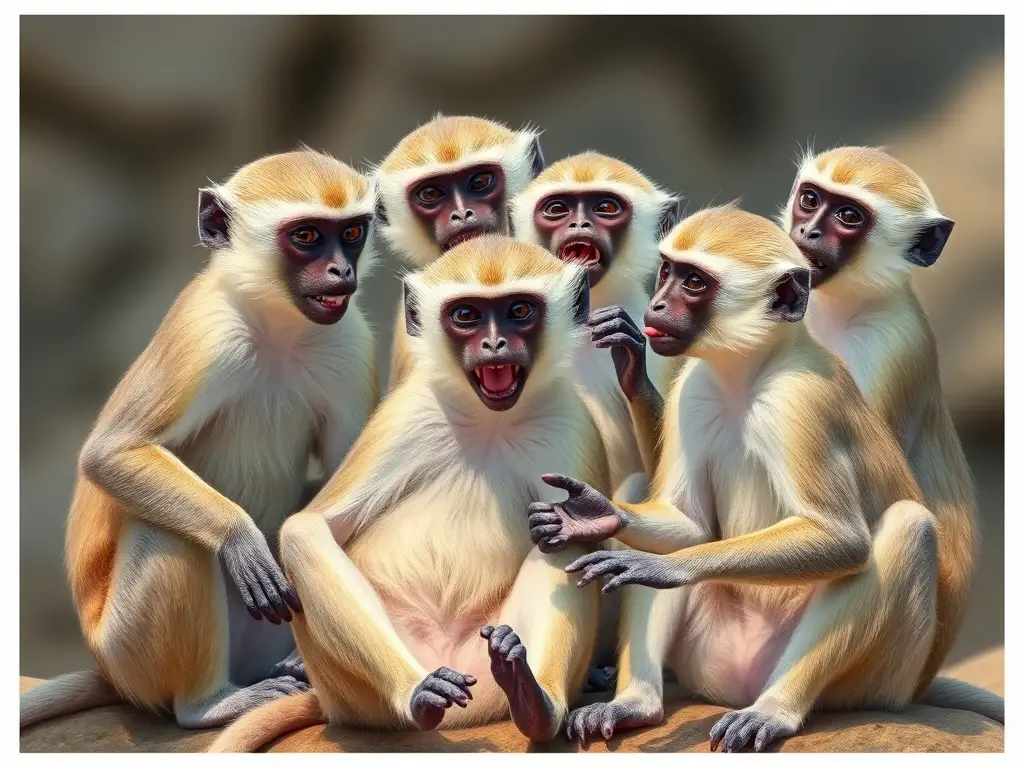 Ilustración realista de monos vervet juguetones y expresivos