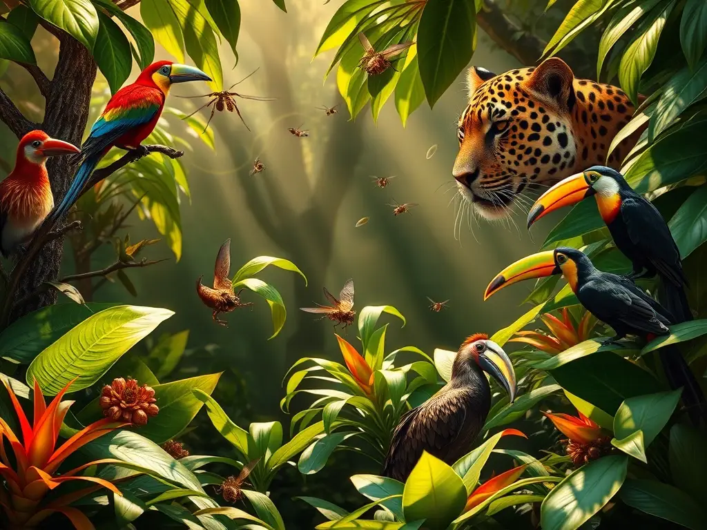 Un majestuoso paisaje de selva con vida muy detallada