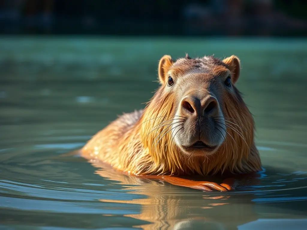 Imagen realista de un capybara bañándose en un lago cristalino
