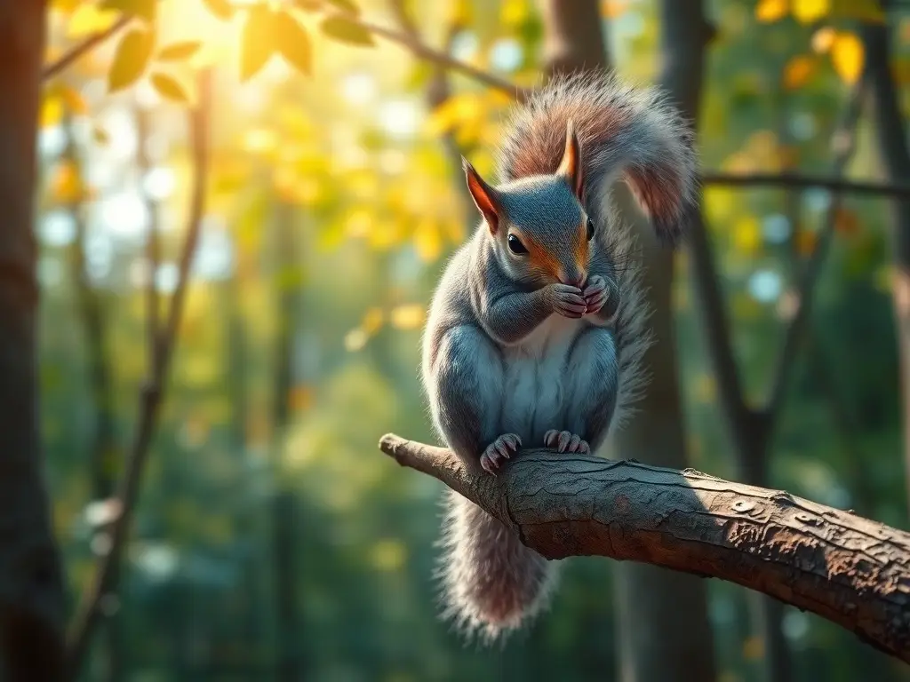 Un squirrel real, en un bosque soleado, con detalle