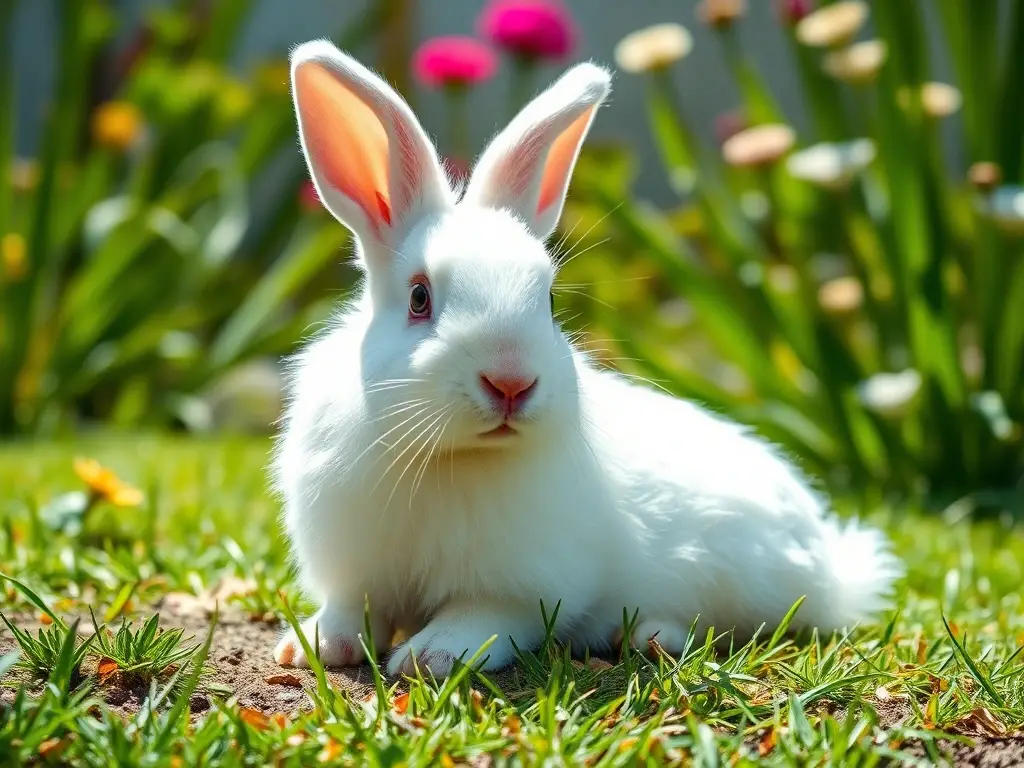Imagen realista de un conejo albino blanco en un jardín tropical