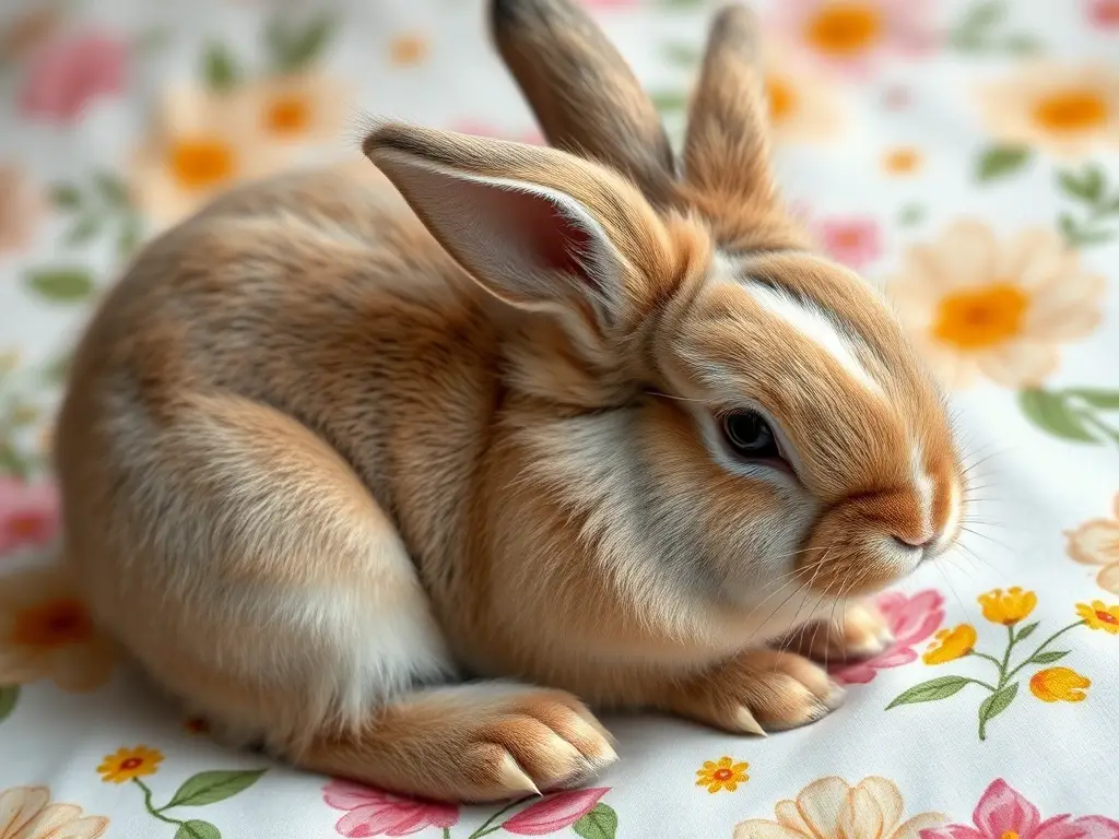 Fotografía realista de un conejo angora sano en una cama floral