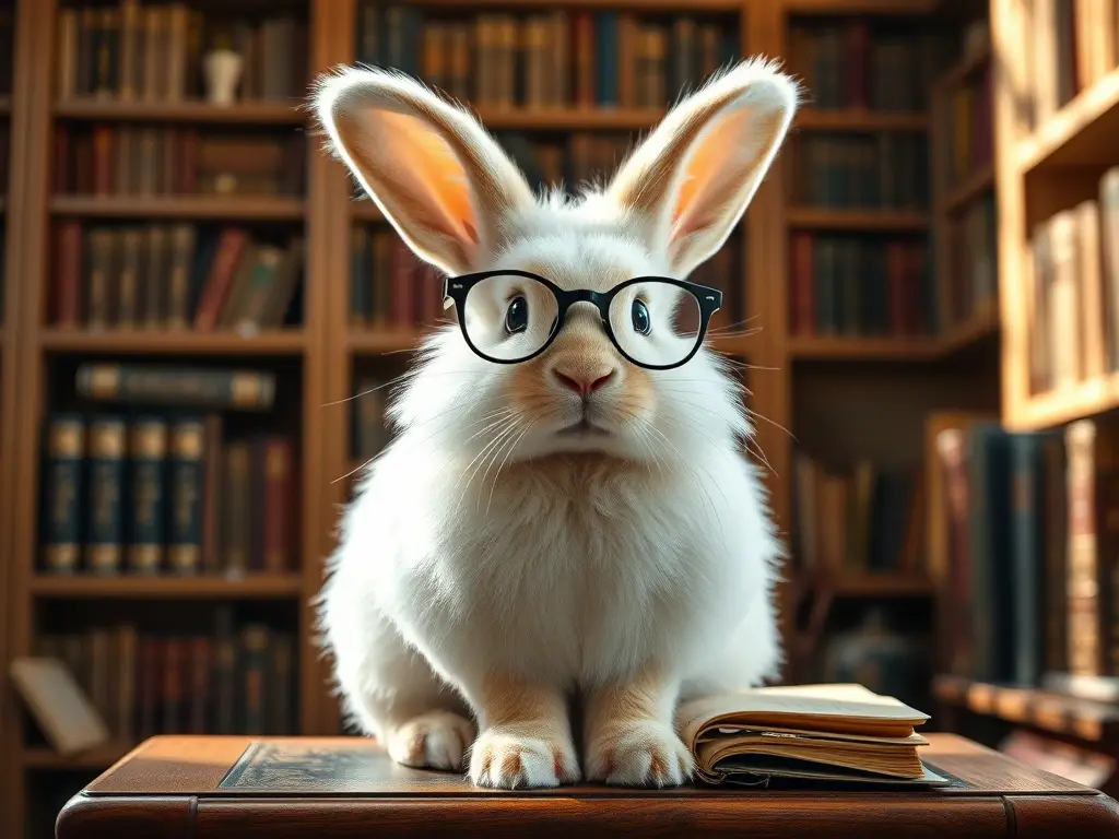 UnRabbit Angora con Specs, estudiando Guía de Conejos