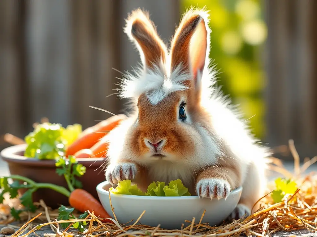 Foto realista de un conejo Angora sano, con vegetales yaciente