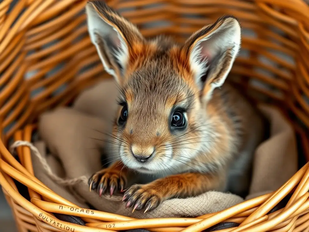 Una imagen realista de un conejo con ojos azules