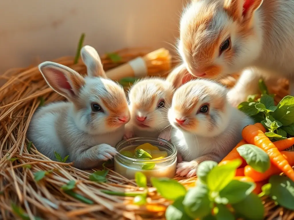 Conejitos recién nacidos recibiendo alimento en jardín