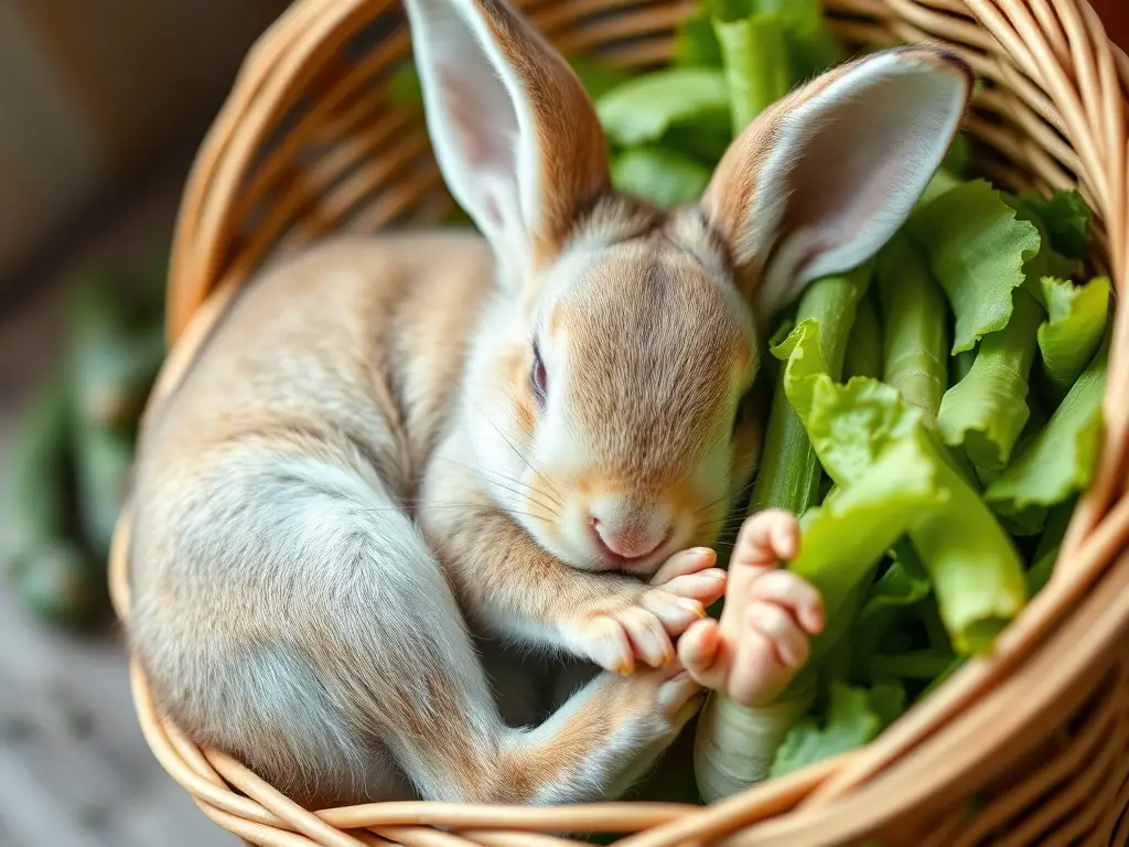 Fotografía realística de un conejo recién nacido en una cesta de hortalizas
