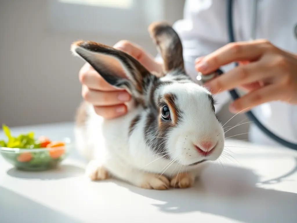 Conejo holandés sano en mesa veterinaria