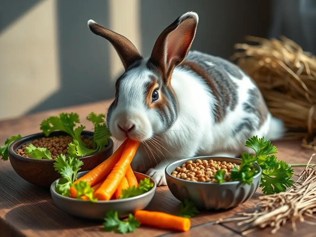 Conejo holandés comiendo verduras en mesa rústica
