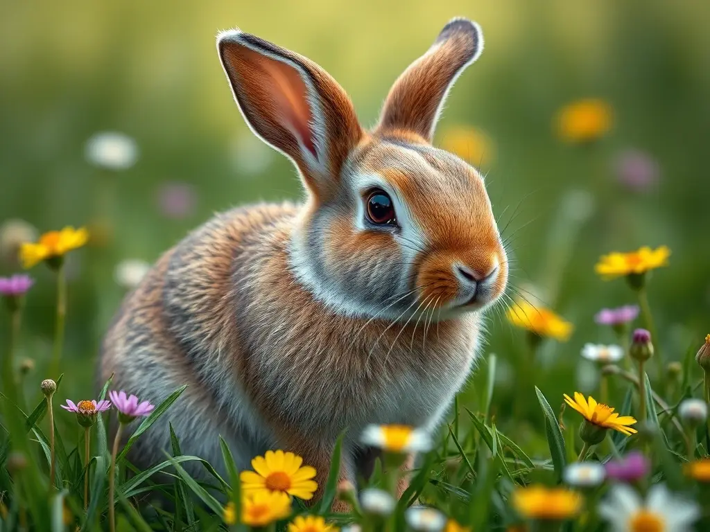 Foto realista de conejo de Meadows en una huerta, sin texto ni logo