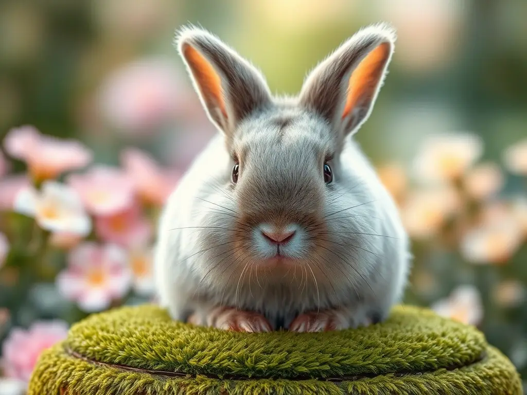 Conejo Cashmere miniatura sobre musgo, fotorealista