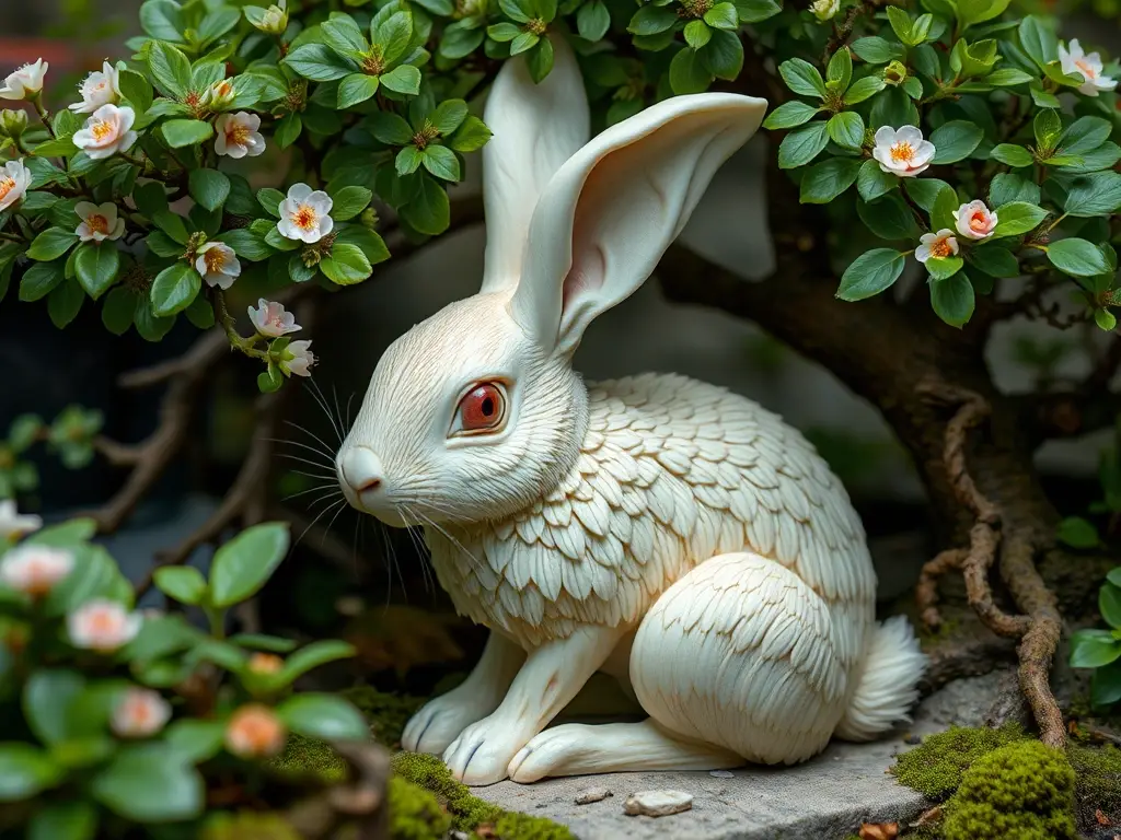 Fotorealista de conejo de hueso pulido en un jardín