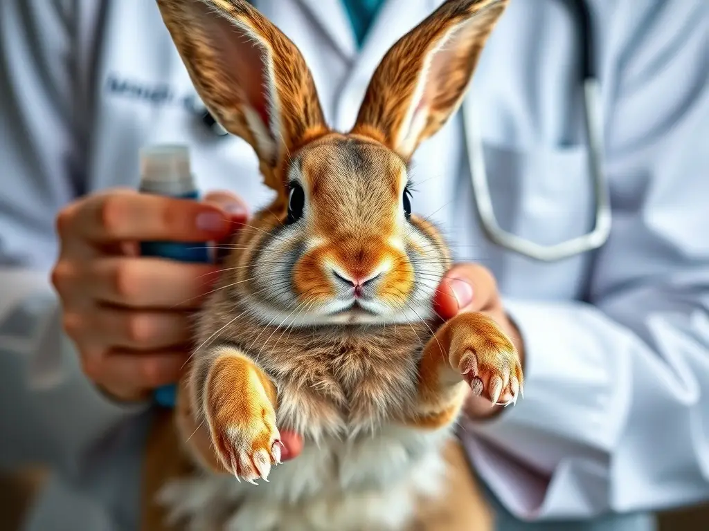 Foto del conejo saneado, manipulado con cuidado por un veterinario, con spray m-ural y anatomía precisa