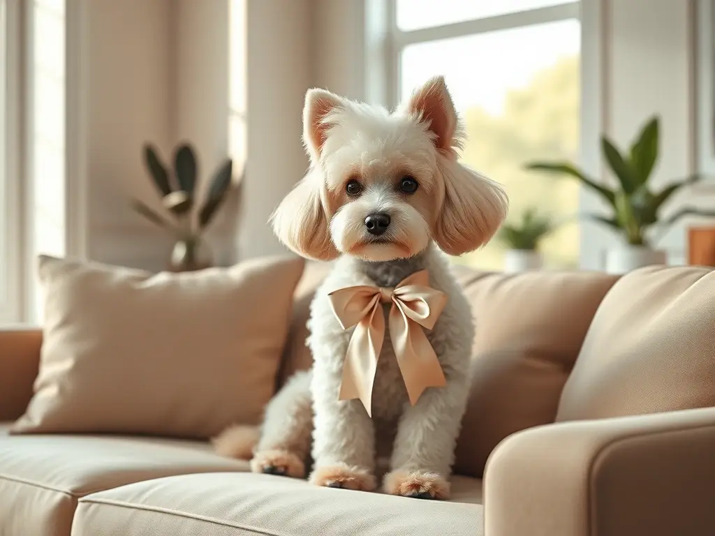 Poodle francés glamuroso en sofá moderno