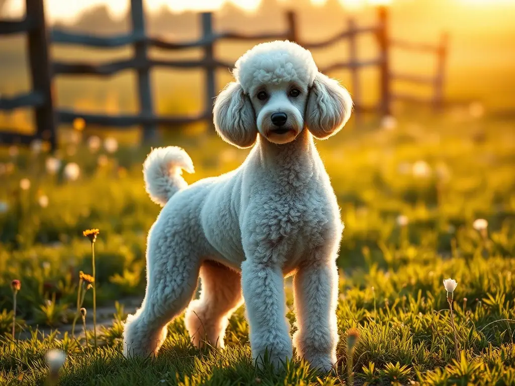 Poodle francés estilizado, 8K, prado luminoso