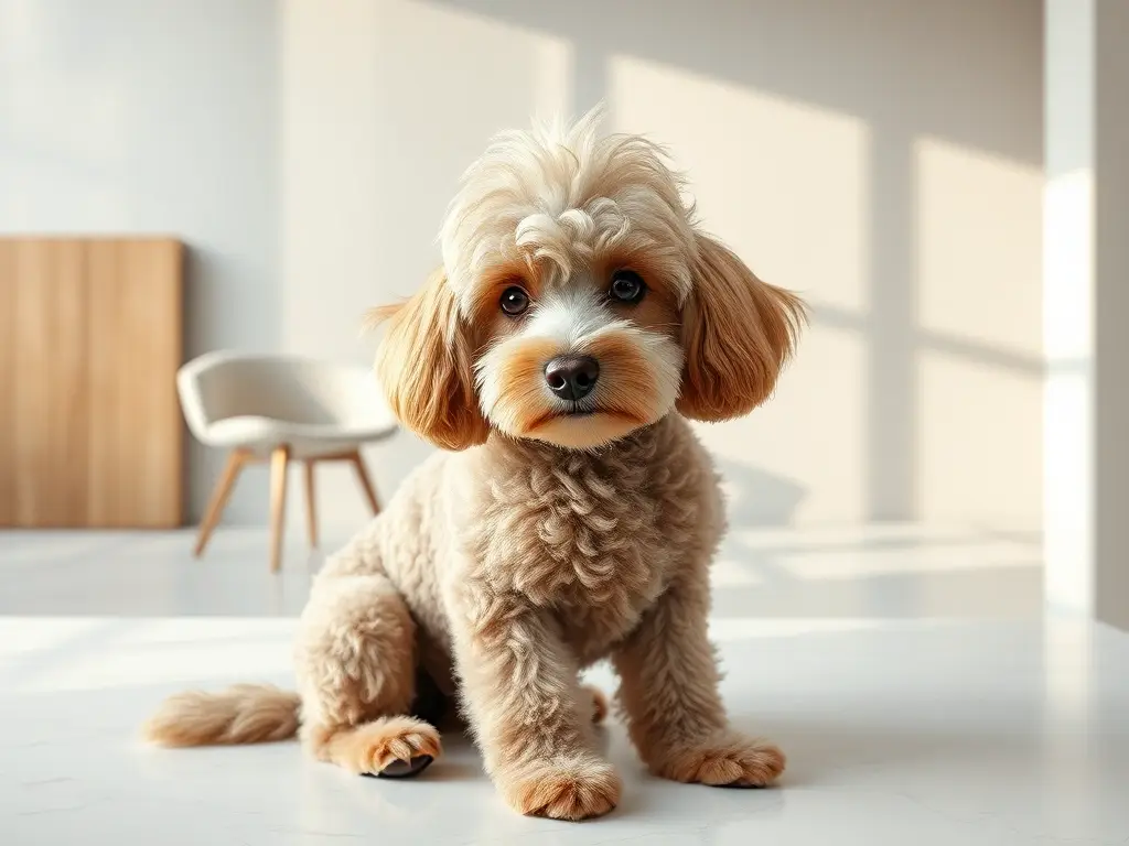 Poodle francés, retrato fotorealista, corte moderno