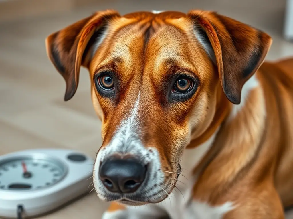 Photorealistic portrait of a worried mixed-breed dog, suffering from Leishmania