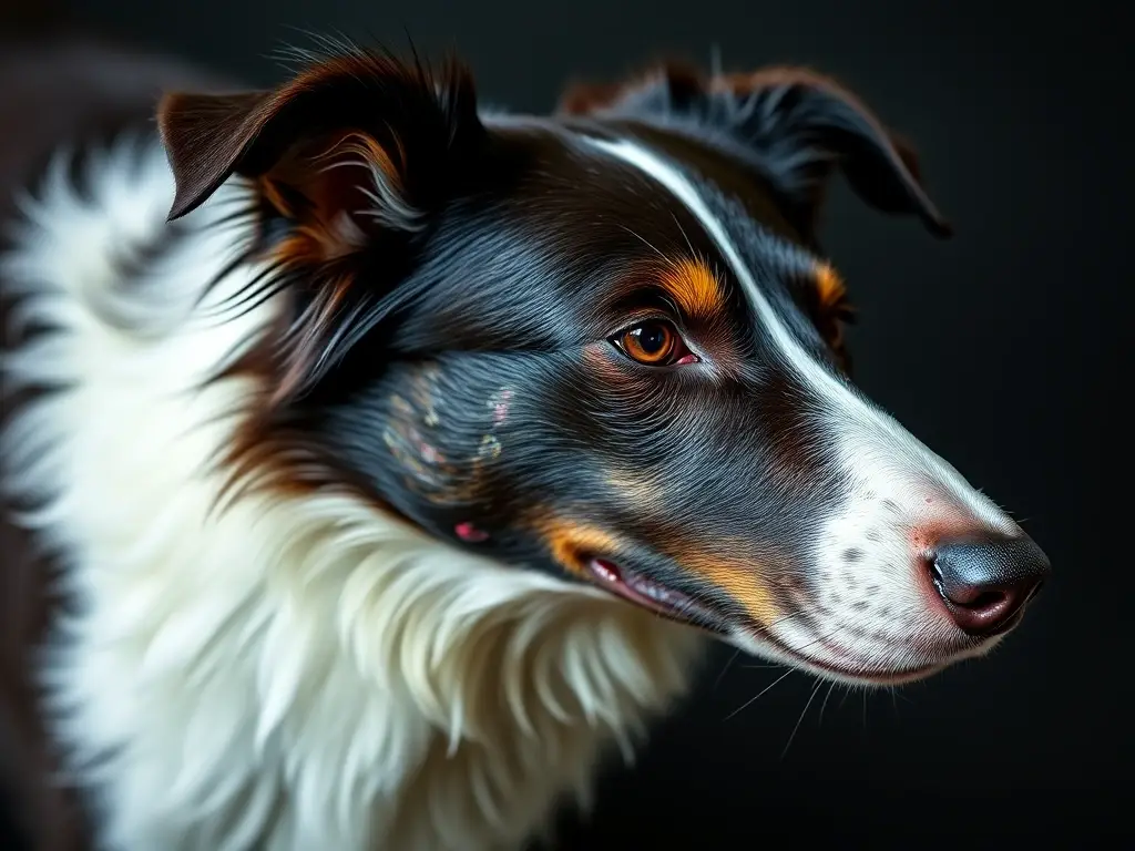 Fotografía realista de perro Border Collie con úlceras, anatomía precisa