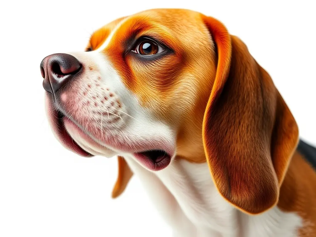 Foto realista de un beagle con piel cuidada y brillante en un fondo blanco