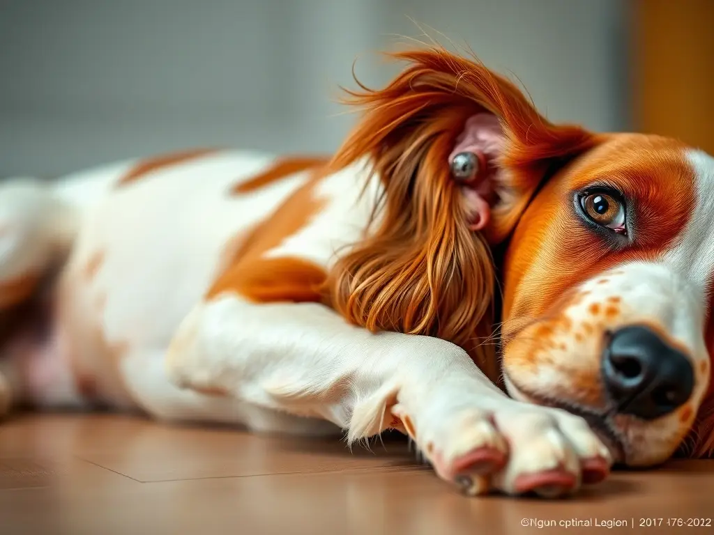 Fotografía realista, de un perro pastorado con sarna