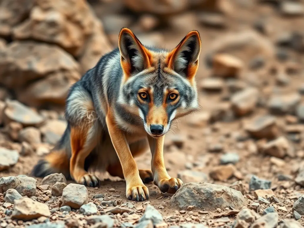 Un retrato realista de un coyote en un paisaje rocoso