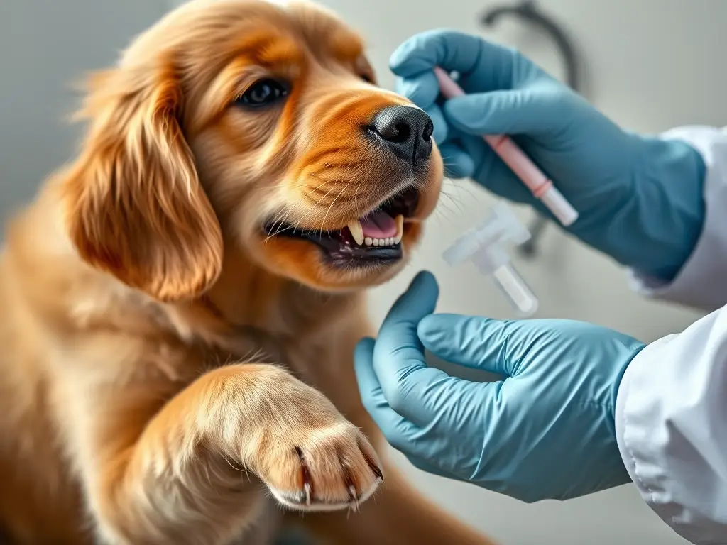 Fotografía realista de un veterinario administrando Creolin a un cachorro Golden Retriever