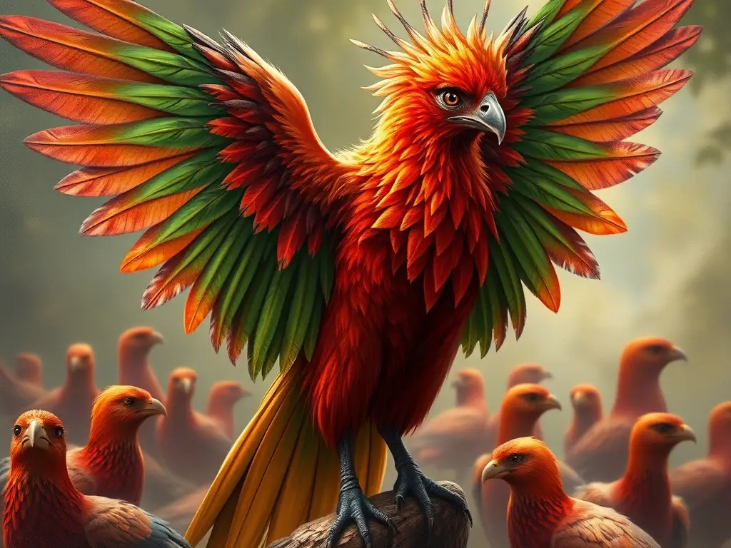 Un retrato en pintura realista de Fawkes, el Fénix, con plumaje verde y rojo