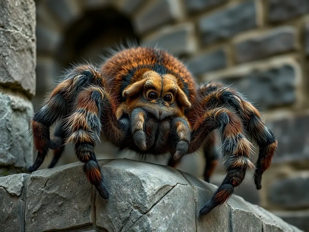 Foto realista de Aragog, el acromántilo de Harry Potter, en una pared de piedra