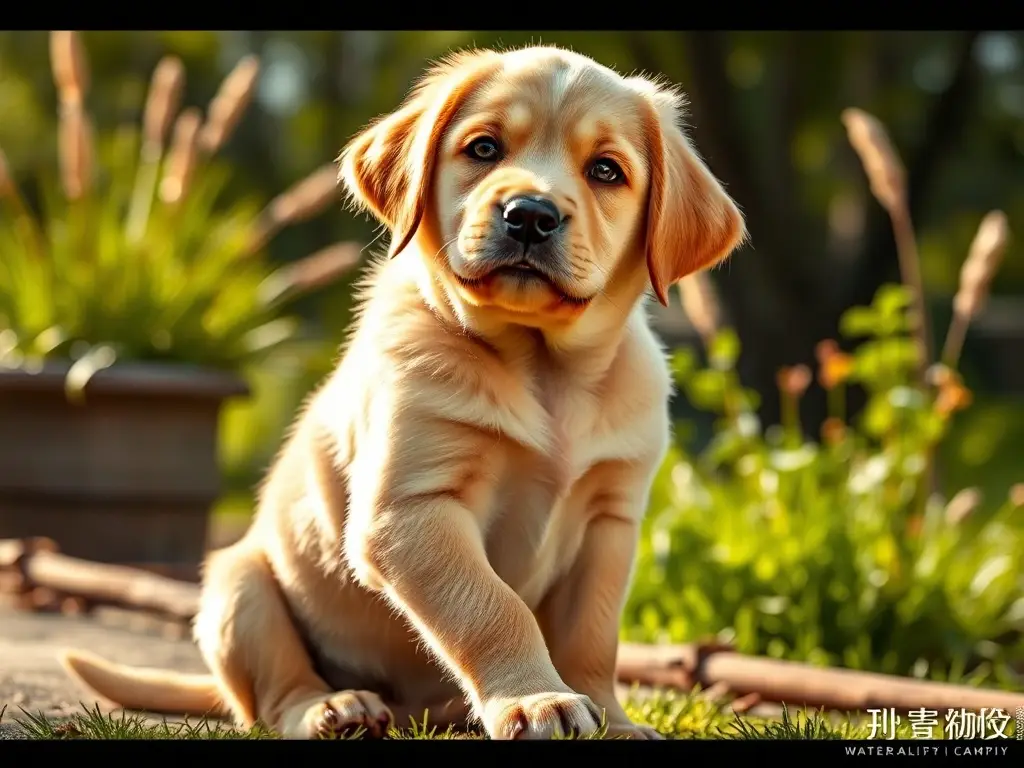 Fotografía realista de Labrador y Golden cachorros elegantes en un atardecer soleado