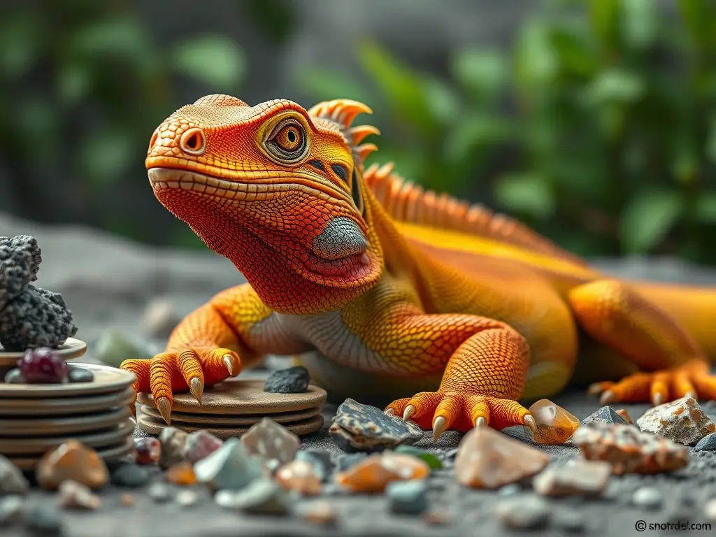 Illustration de komodo durmiendo en minerales, enfoque nítido
