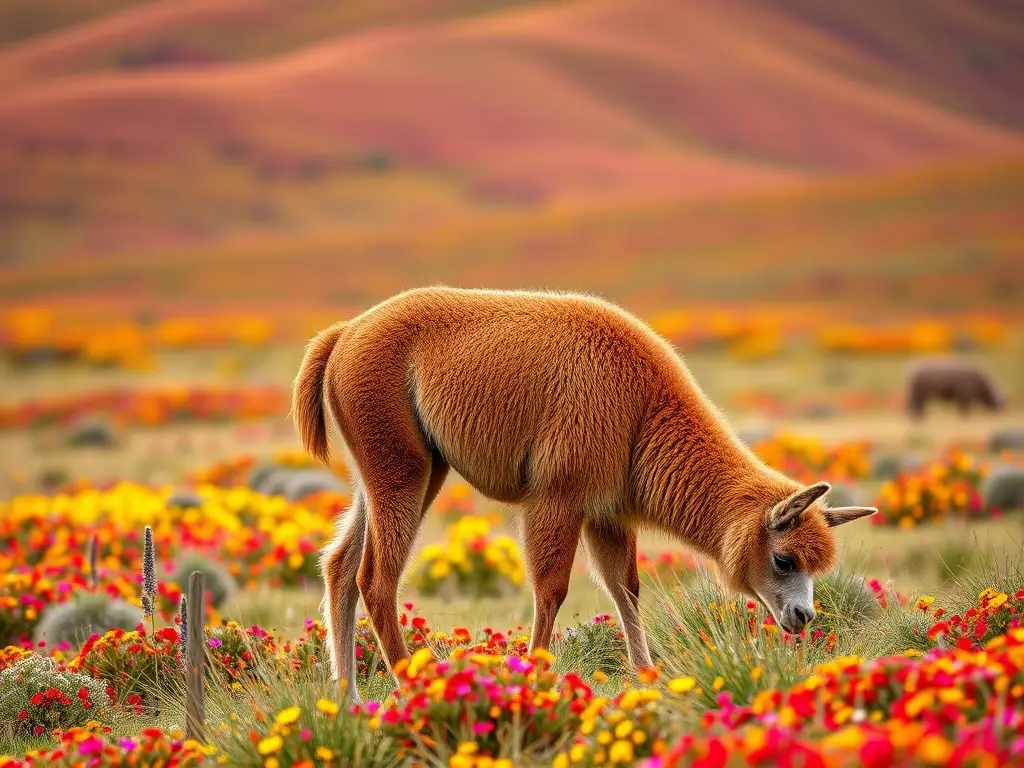 Imagen realista de un llama en pampas argentinas con flores
