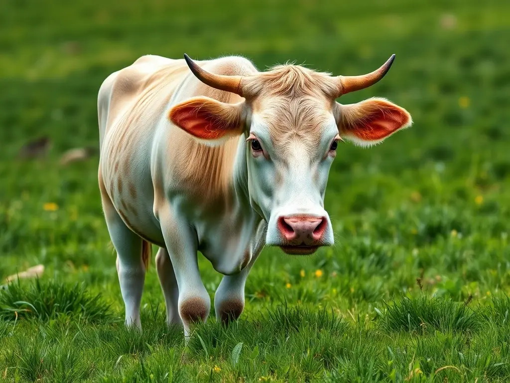 Ilustración fotorealista de vaca ruminando en hierba