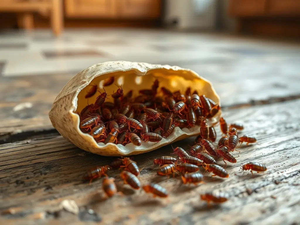 Macro fotorealista: ooteca de cucaracha con ninfas