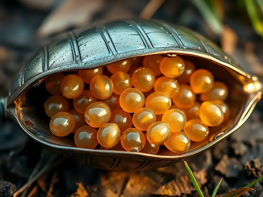 Escudo metálico con huevos de cucaracha brillantes