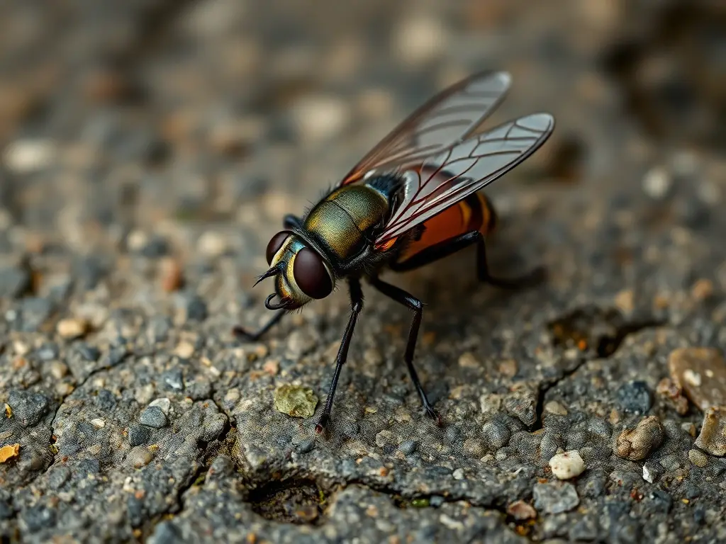 Foto realista de una mosca camuflada con detalle científico