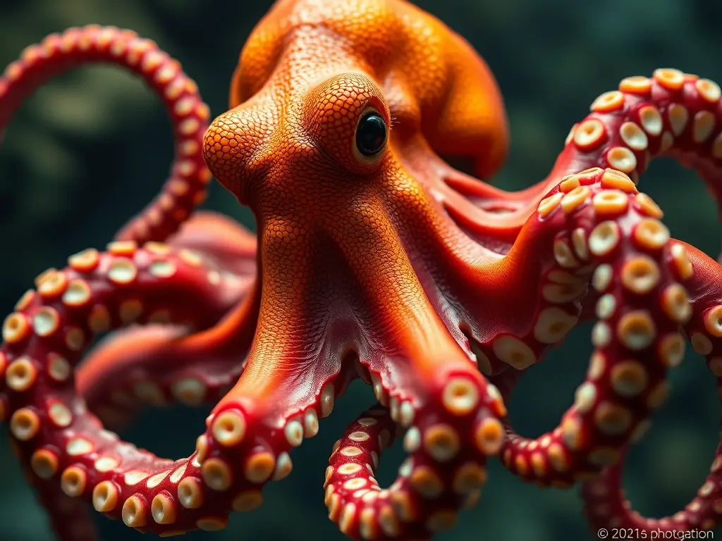 Fotografía realista de un章鱼 engullendo una concha, detallada