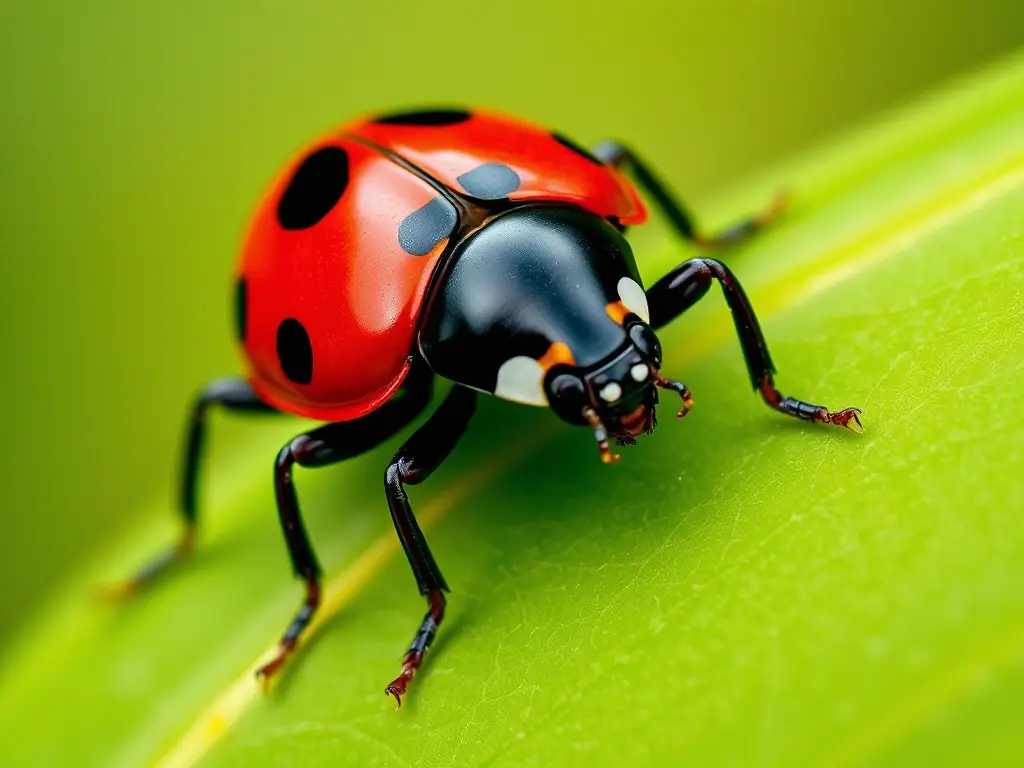 Fotografía realista de una ladybug negra y roja con seis patas