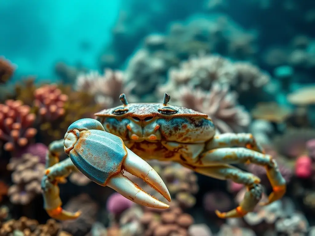 Fotografía realista de cangrejo azul con alas expuestos en coral