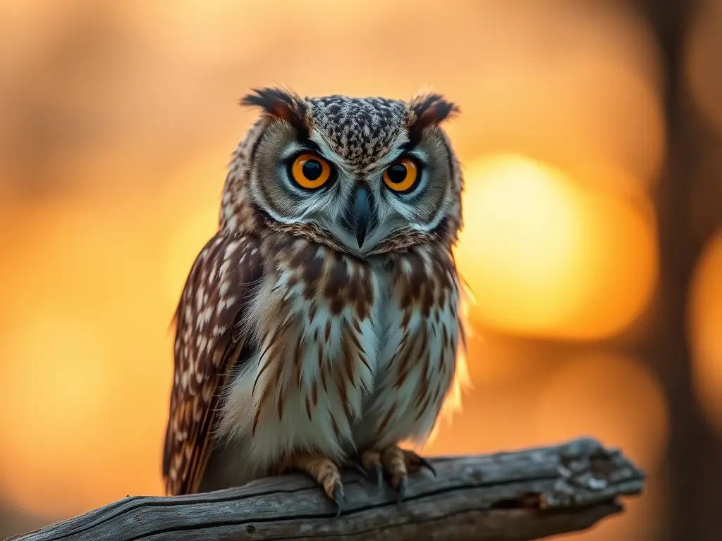 Foto de búho doméstico con ojos dorados en un árbol de la tarde