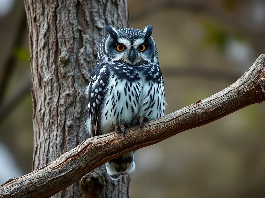 Fotografía realista de un búho de madera negro y blanco en un branch de árbol desgastado