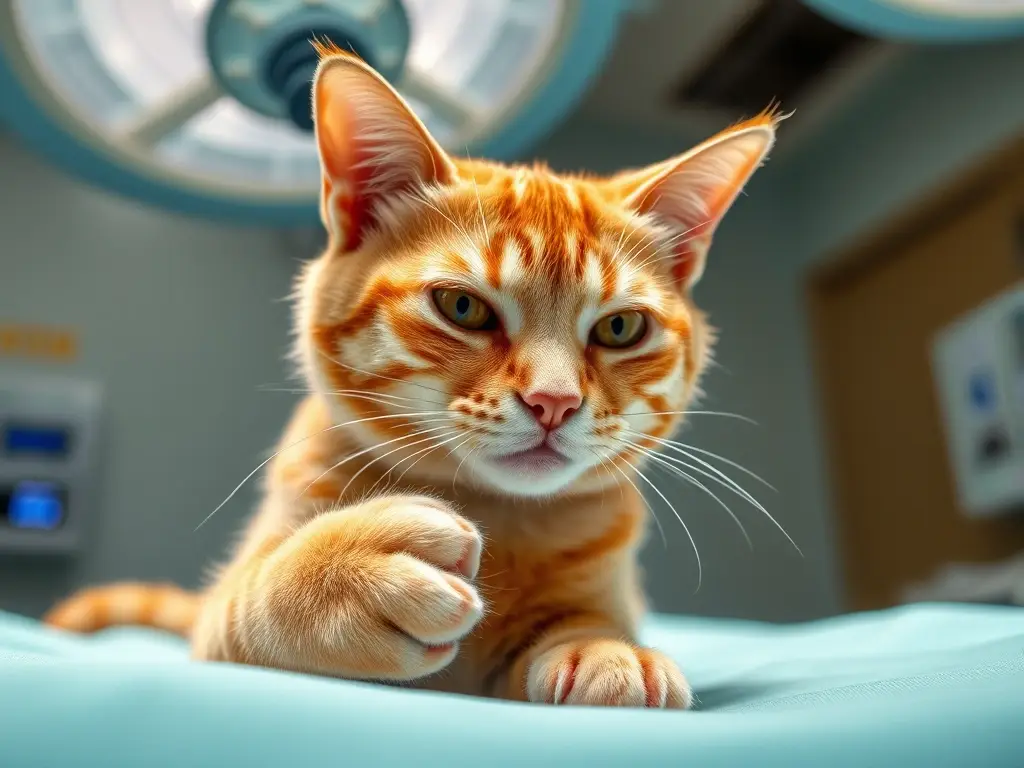Fotografía realista de un gato tabby jengibre en cirugía, con detalles anatomía
