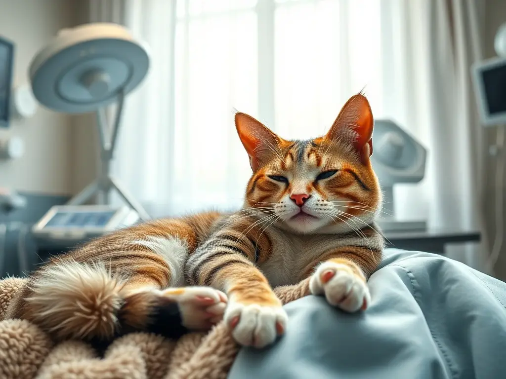 Imagen realista y detallada de un gato recuperándose post-operatorio en una sala de quirófano