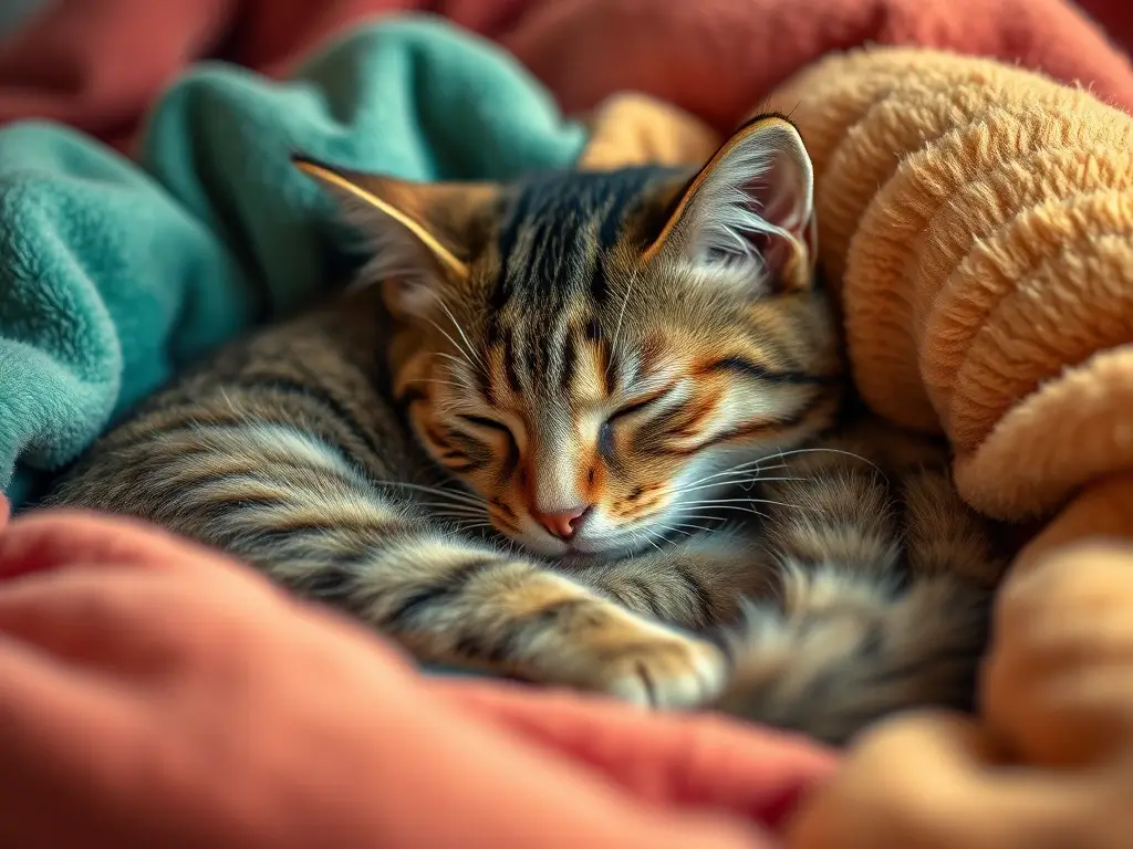 Fotografía realista con un gato tabby relajado en una cama