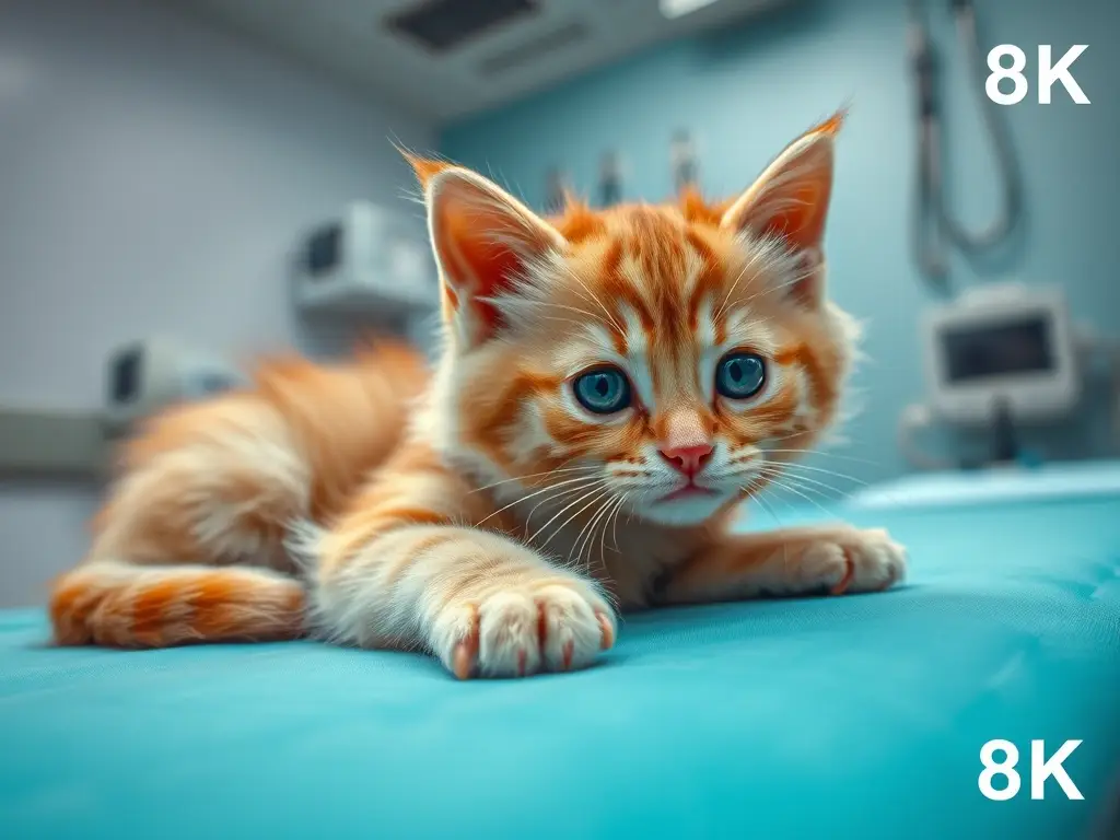 Imagen realística de un gatito persa descansando en la mesa de un médico