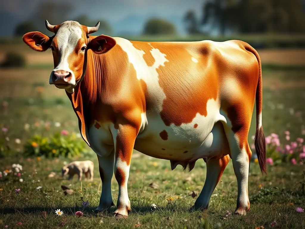 Foto realista de vaca gestante en campo con flores y sol