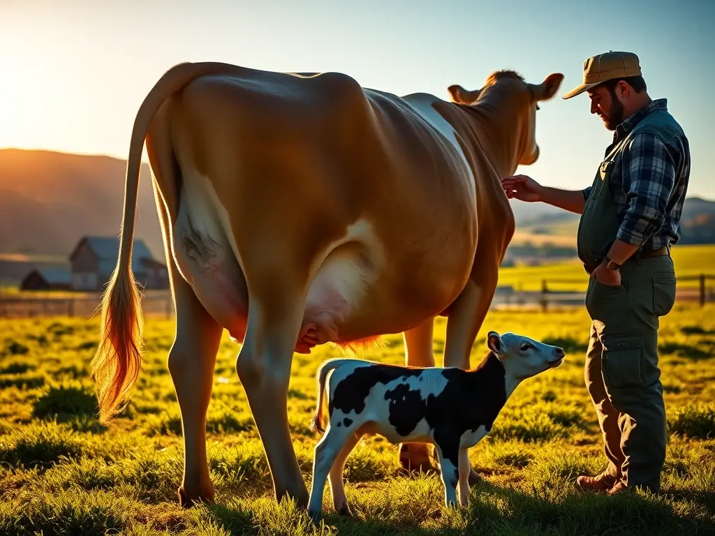Vaca preñada al sol, granjero y ternero
