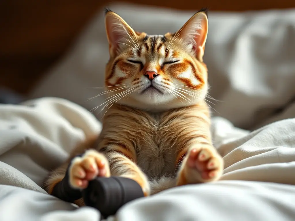 Fotorealista de un gato relajado en una cama cómoda